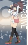  bag bee-j1 black_legwear black_thighhighs blue_eyes boots breasts brown_hair cleavage headband highres long_hair makoto_daikichi navel pokemon pokemon_(game) pokemon_black_and_white pokemon_bw ponytail skirt smile solo thighhighs touko_(pokemon) white_(pokemon) 