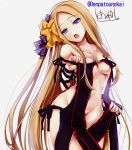  1girl abigail_williams_(fate/grand_order) bangs bare_shoulders black_dress blonde_hair bow breasts collarbone commentary_request consort_yu_(fate) consort_yu_(fate)_(cosplay) cosplay dress fate/grand_order fate_(series) fingernails grey_background groin hair_bow hand_up head_tilt kimura_shuuichi long_hair medium_breasts navel open_mouth orange_bow parted_bangs polka_dot polka_dot_bow purple_bow purple_eyes signature solo strapless strapless_dress twitter_username very_long_hair 