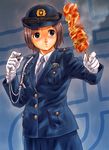  blue_eyes brown_hair copyright_request female_service_cap food gloves necktie pencil_skirt pizza_man police police_uniform policewoman skirt solo uniform whistle white_gloves 