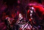  apple arms_behind_back bad_id bad_pixiv_id blonde_hair blue_eyes blue_hair dress elbow_gloves flandre_scarlet food fruit gloves hat highres izayoi_sakuya maid maid_headdress multiple_girls object_behind_back red_eyes remilia_scarlet short_hair silver_hair sitting stu_dts table tiered_tray touhou white_hair wings wrist_cuffs 