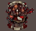  absurdres alice:_madness_returns alice_(wonderland) alice_in_wonderland alternate_costume apron black_hair blood boots brown_hair bug butterfly castle copyright_name dress flower gloves green_eyes highres insect jewelry lips long_hair mizukai necklace red_flower red_rose rose solo 
