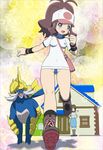  baseball_cap bee-j1 blue_eyes blush breasts brown_hair cameltoe hat highres long_hair looking_back makoto_daikichi mother_(pokemon) mother_bw_(pokemon) open_mouth pokemon pokemon_(game) pokemon_black_and_white pokemon_bw ponytail running samurott smile swimsuit touko_(pokemon) white_(pokemon) 