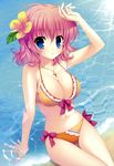  :o absurdres arm_support bad_id bad_yandere_id bikini blue_eyes breasts cleavage flower frilled_bikini frills front-tie_top groin hair_flower hair_ornament highres himezono_risa large_breasts light_rays mitha navel partially_submerged pink_hair short_hair side-tie_bikini solo strap_gap sunbeam sunlight swimsuit thigh_gap water yuyukana 
