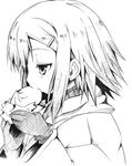  baka_to_test_to_shoukanjuu eating food hair_clip hair_ornament hairclip highres kinoshita_hideyoshi manju monochrome nikuman trap 