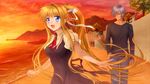  1girl air beach blonde_hair blue_eyes hair_over_one_eye highres kamio_misuzu kunisaki_yukito long_hair mutsuki_(moonknives) ponytail school_uniform short_hair silver_hair sunset 