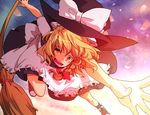  black_dress blonde_hair braid broom broom_riding cherry_blossoms dress hair_ribbon hat hat_ribbon kirisame_marisa mirogo night open_mouth outstretched_hand petals red_eyes ribbon shoes sneakers solo star_(sky) touhou witch witch_hat 