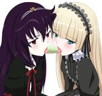  blonde_hair cheek-to-cheek chin_strap crossover dalian dantalian_no_shoka dress food frills gosick gothic_lolita green_eyes hairband headdress lolita_fashion long_hair macaron multiple_girls open_mouth pastry purple_hair red_eyes ribonzu shared_food tongue tsurime very_long_hair victorica_de_blois yuri 