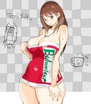  breasts brown_hair budweiser chibi chibi_inset glasses hips huge_breasts jewelry necklace plump product_placement solo teriyaki thick_thighs thighs wide_hips 