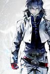  arms_at_sides bangs banpai_akira belt big_bang_beat black_hair buttons clenched_hand closed_mouth cowboy_shot cropped_jacket daibanchou electricity flipped_hair gloves grey_background hair_between_eyes highres jacket jitome light_smile long_sleeves male_focus medium_hair open_clothes open_jacket pants popped_collar red_eyes red_gloves sanpaku solo turtleneck unbuttoned v-shaped_eyebrows white_jacket white_pants zanma_rouga zipper 