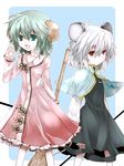  animal_ears bad_id bad_pixiv_id bamboo_broom broom capelet dowsing_rod dress green_eyes green_hair grey_dress hand_to_own_mouth jewelry kasodani_kyouko mouse_ears mouse_tail multiple_girls nazrin open_mouth pendant pink_skirt shirt silver_hair skirt smile tail toraneko touhou 