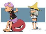  alternate_costume balancing ball barefoot child exercise_ball eyeball food hair_over_eyes hat komeiji_koishi komeiji_satori midriff multiple_girls navel onikobe_rin outstretched_arms popsicle purple_hair short_hair shorts siblings silver_hair sisters spread_arms third_eye touhou 