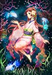  absurdres aqua_eyes barefoot blue_hair braid brown_hair coral fish flower hair_flower hair_ornament highres japanese_clothes kimono long_hair long_sleeves nashi_(pixiv677235) original plant see-through shoe_dangle shoes shoes_removed single_shoe solo twin_braids twintails underwater 