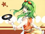  apron egg frying_pan goggles goggles_on_head green_eyes green_hair gumi open_mouth ryou_(pixiv779953) short_hair short_hair_with_long_locks sidelocks smile solo vocaloid wrist_cuffs 