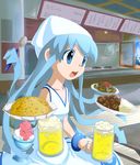  alcohol beer beer_mug blue_eyes blue_hair cup curry dress food fried_rice hat highres holding holding_cup ikamusume kakinoki_ueru long_hair mug noodles prehensile_hair serving shaved_ice shinryaku!_ikamusume spoon tentacle_hair 