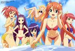  absurdres anya_cocolova ass ayase_yue barefoot bell bent_over bikini crossed_legs evangeline_a_k_mcdowell hair_bell hair_ornament hands_on_hips highres innertube kagurazaka_asuna long_hair mahou_sensei_negima! megami miyazaki_nodoka multiple_girls official_art purple_hair red_hair sasaki_makie short_hair side-tie_bikini sitting swimsuit tankini wading wardrobe_malfunction water yamauchi_noriyasu 