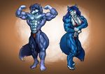  abs anthro biceps big_breasts blue blue_fur blue_hair breasts bulge canine claws cool_colors duo fabian female flexing fur grin hair hopey long_hair male mammal muscles muscular_female nipples pecs pokkuti pose smile speedo standing swimsuit tail toe_claws toned topless wolf wolfess 