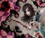  alice:_madness_returns alice_(wonderland) alice_in_wonderland apron black_hair blood blood_on_face blood_stain checkered dress genk green_eyes heart heart-shaped_pupils highres knife lipstick long_hair looking_back makeup realistic ribbon solo symbol-shaped_pupils weapon 