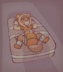  &lt;3 ambiguous_gender arms_bound bdsm bed blush bondage bound brown_fur clothing cub cuffs_(disambiguation) diaper fully_bound fur legs_bound legwear mattress muffled onesie orange_clothing orange_socks pacifier simple_background skidoo socks solo straps young zipper 