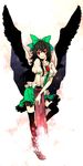  arm_cannon bad_id bad_pixiv_id black_legwear black_wings bow brown_hair cape concrete glowing hair_bow highres long_hair parkestbeat red_eyes reiuji_utsuho shirt skirt smile solo space star_(sky) thighhighs third_eye touhou weapon wings zettai_ryouiki 