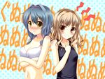  bikini blue_hair blush breast_envy breast_squeeze breasts brown_eyes brown_hair clenched_teeth eyebrows_visible_through_hair furutani_himawari grey_hairband hairband highres large_breasts multiple_girls oomuro_sakurako sogaya swimsuit teeth yellow_eyes yuru_yuri 