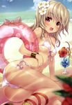  :d absurdres ankle_lace-up arm_support ass beach bikini blonde_hair blue_hawaii blurry blush bracelet breasts brown_eyes cross-laced_footwear day dengeki_hime depth_of_field drink flower front-tie_top hair_flower hair_ornament hibiscus highres innertube jewelry leg_ribbon legs long_hair looking_at_viewer lying medium_breasts minamura_haruki navel on_side open_mouth original outdoors ribbon sandals shiny shiny_skin side-tie_bikini smile solo strap_gap swimsuit tan tanline thighs trefoil tropical_drink water 