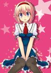  alice_margatroid between_thighs black_legwear blonde_hair blue_eyes blush breasts dress hairband medium_breasts open_mouth pantyhose short_hair sitting smile solo star touhou uro v_arms 