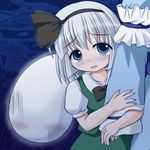  2girls blue_eyes dress female gray_hair green_dress grey_hair headband konpaku_youmu konpaku_youmu_(ghost) loli multiple_girls myon ribbon saigyouji_yuyuko standing tears touhou 