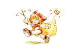  bare_legs blonde_hair blush chibi crown full_body happy hat kururu_(little_princess) little_princess long_hair marl_kingdom running ryoji_(nomura_ryouji) solo stick sun 