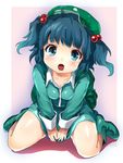  bad_id bad_pixiv_id blue_eyes blue_hair blush boots breasts dress hair_bobbles hair_ornament hakiata hat highres kawashiro_nitori kneeling looking_up medium_breasts open_mouth sitting solo touhou two_side_up v_arms wariza 