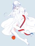  apple bad_id bad_pixiv_id barefoot blue_hair crossdressing dress feet flower food fruit grey_eyes hair_flower hair_ornament kanke_(yonkuma) long_hair male_focus monochrome nezumi_(no.6) no.6 off_shoulder sketch snake solo spot_color 