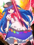  &gt;:) bad_id bad_pixiv_id blue_hair boots cross-laced_footwear energy_sword food fruit glowing hat hinanawi_tenshi lace-up_boots long_hair peach red_eyes shirt skirt smile smirk solo sword sword_of_hisou tonbi touhou v-shaped_eyebrows very_long_hair weapon 