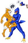  anthro avian balls canine cum duo falco_lombardi fox_mccloud gay handjob interspecies kp-yoshi male mammal nintendo pawpads paws penis plain_background precum sex star_fox video_games white_background 