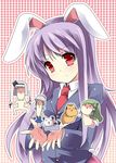  animal_ears blazer bunny_ears dress_shirt fa_no_hito highres izayoi_sakuya jacket kaenbyou_rin kochiya_sanae konpaku_youmu lavender_hair long_hair necktie purple_hair red_eyes red_neckwear reisen_udongein_inaba shirt slit_pupils solo stage_connection toramaru_shou touhou upper_body 