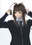  aro_(charged_time_out) bad_id bad_pixiv_id brown_eyes brown_hair cardigan hands_on_headphones headphones long_hair necktie original smile solo sweater 