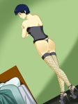  black_hair corset crossdress crossdressing fishnet_legwear fishnet_stockings fishnets high_heels legwear long_legs sexy shoes short_hair shy thighhighs trap 