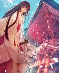  architecture bad_id bad_pixiv_id black_hair chihaya_(clothing) chm east_asian_architecture japanese_clothes katana long_hair miko original shrine solo sword tiger very_long_hair weapon white_tiger 
