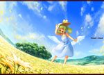  alternate_costume alternate_wings angel_wings barefoot blue_eyes blue_sky cloud daiyousei day dress field fisheye flower flower_field forest green_hair hair_ribbon hand_on_headwear happy highres letterboxed looking_at_viewer low_wings nature open_mouth outdoors petals ribbon sachito side_ponytail sky smile solo sundress touhou white_dress wings 