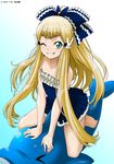  barefoot blonde_hair blush bunny_hair_ornament dark_lord_(game) dolphin frills green_eyes hair_ornament isse long_hair looking_up one_eye_closed smile solo very_long_hair 