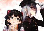  2girls :d bangs bespectacled black_eyes black_hair blush book bow braid cherry_blossoms closed_mouth eyebrows_visible_through_hair glasses gloves grey_hair hair_bow hair_down hair_ornament hair_over_shoulder hairclip hat higuchi_kaede holding holding_book long_hair long_sleeves looking_at_another looking_to_the_side medal military military_hat military_uniform mole mole_under_eye multiple_girls nijisanji nuezou open_mouth petals purple_eyes round_eyewear smile smirk twin_braids uniform upper_body white_gloves 