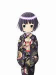  black_hair floral_print green_eyes hands_together ikoku_meiro_no_croisee japanese_clothes kimono looking_at_viewer obi own_hands_together sash short_hair simple_background solo standing yune_(ikoku_meiro_no_croisee) 