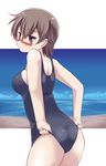  adjusting_clothes adjusting_swimsuit ass bad_id bad_pixiv_id blush breasts brown_eyes brown_hair celebi_ryousangata from_behind glasses highres k-on! looking_back manabe_nodoka medium_breasts ocean one-piece_swimsuit red-framed_eyewear school_swimsuit semi-rimless_eyewear short_hair solo sweat swimsuit under-rim_eyewear water 