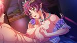  1boy 1girl bare_shoulders breasts crown demon_girl dress flower game_cg horns huge_breasts indoors jewelry kyonyuu_fantasy kyonyuu_fantasy_gaiden nipples paizuri penis red_hair ryuuto_henge shamsiel shamujerushaharu succubus waffle wings 