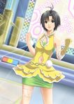  absurdres antenna_hair bare_shoulders black_eyes black_hair gloves halterneck highres idolmaster idolmaster_(classic) kikuchi_makoto miniskirt navel pettan_(areinn) short_hair single_glove skirt solo vital_sunflower 