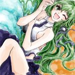  blush breasts frog green_eyes green_hair hair_ornament hair_tubes happy kochiya_sanae long_hair lying medium_breasts nanashii_(soregasisan) one_eye_closed open_mouth shirt skirt sleeveless sleeveless_shirt smile snake solo touhou 