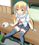  black_legwear blonde_hair blush borrowed_character green_eyes hair_ornament hairclip highres kayari_buta loafers long_hair ok-ray open_mouth original school_uniform sena_(ichiroku) shoes sitting skirt solo thighhighs twintails veranda wrist_cuffs zettai_ryouiki 