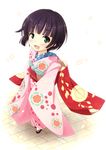  black_hair fang floral_print green_eyes highres ikoku_meiro_no_croisee japanese_clothes kanzaki_sora kimono open_mouth sandals short_hair simple_background sleeves_past_wrists solo standing tabi yune_(ikoku_meiro_no_croisee) 