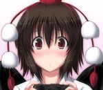  blush brown_hair camera commentary_request face hat looking_at_viewer nori_tamago red_eyes shameimaru_aya short_hair solo tears tokin_hat touhou wings 