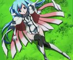  arm_support blue_eyes blue_hair boots cap chains collar flat_chest from_above garter_belt garter_straps gloves grass legs nymph nymph_(sora_no_otoshimono) official_art screencap sitting solo sora_no_otoshimono stitched thighhighs twintails wings 
