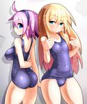  ahoge arm_behind_back ass blonde_hair blue_eyes blush breast_envy breasts flat_chest groin hairband highres impossible_clothes impossible_swimsuit large_breasts multiple_girls one-piece_swimsuit ooyama_kina original pink_hair school_swimsuit short_hair skin_tight small_breasts swimsuit 