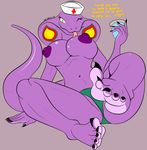  5_toes anthro arbok barefoot big_breasts big_nipples breasts claws clothed clothing cobra english_text female foot_focus green_eyes half-dressed hindpaw long_tongue looking_at_viewer markings navel nintendo nipples nurse one_eye_closed panties paws pok&#233;mon pok&#233;morph pok&eacute;mon pok&eacute;morph purple purple_body purple_nipples reptile scalie sebrina_arbok sitting smile snake solo spread_legs spreading tail text thighs ticklishways toe_claws toes tongue topless underwear video_games wink zp92 